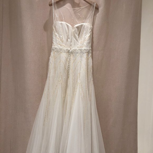 Ivory, beading, yellow and white sequins, illusion neckline - Picture 3 of 5